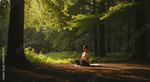 Woman practicing yoga and meditation in the lotus pose on a mat in a serene, sunlit forest. Mental wellness and mindfulness in nature.
