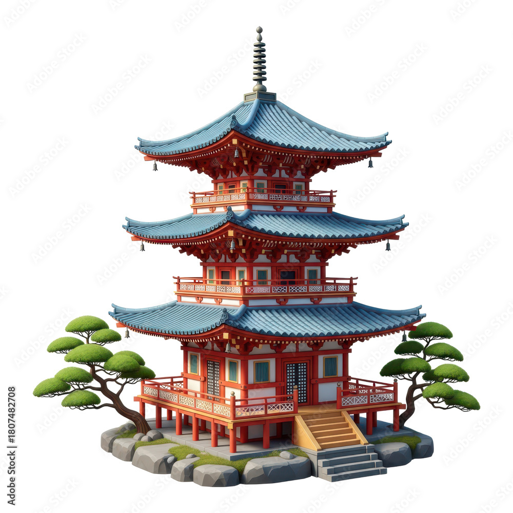 Naklejka premium Beautiful threestory pagoda with trees isolated on transparent background