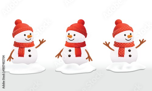 3D vector snowman icon set with red hat and scarf. Winter holiday character