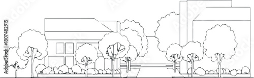 Create A Minimal style cad tree line drawing, Side view, set of section garden city street building outline for landscape design drawing. Vector illustration in seperate element
