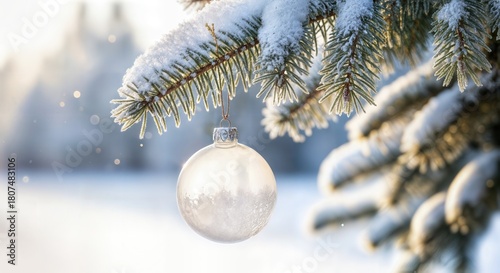 Christmas Tree Ornament Hanging From Frosted Branch With Snow Background and Soft Focus White Bokeh