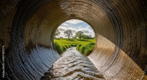 Fototapeta Naklejka Na Ścianę i Meble -  A picturesque view through a concrete drainage pipe reveals a serene landscape of green fields and trees, highlighting the contrast between industrial structures and natural beauty