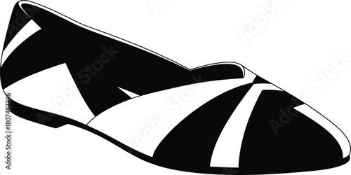 Elegant black and white flat shoe with a pointed toe, featuring a stylish crisscross pattern, perfect for casual wear, isolated on white background