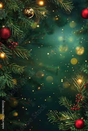 A festive background featuring green branches with red ornaments and golden lights. Soft bokeh effects, warm, holiday atmosphere, vertical banner, copy space, free space for text