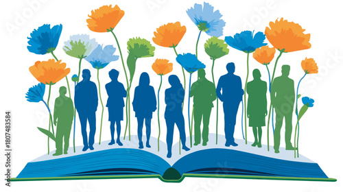 Silhouettes of people stand amidst colorful flowers atop an open book illustration