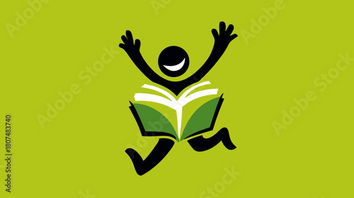 Black figure joyfully leaping while holding open book, on a vibrant green background