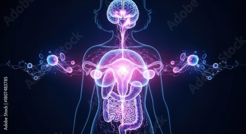Holographic illustration of the female anatomy, highlighting the gut-brain-uterus axis and neural connections.