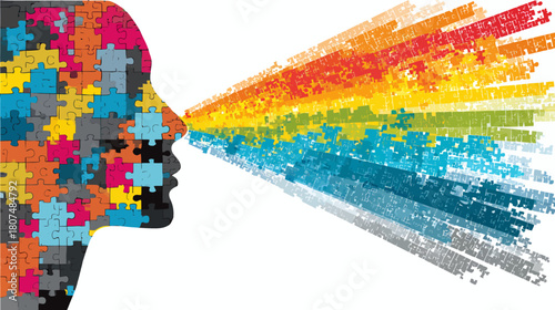 Colorful jigsaw-puzzle head silhouette exhaling rainbow-colored puzzle piece streams