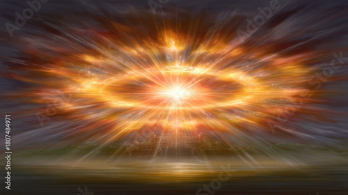 Radiant golden energy ring hovering above reflective lake, casting warm light and ethereal glow over distant silhouette of temple and landscape, dramatic sky and dynamic streaks evoke awe