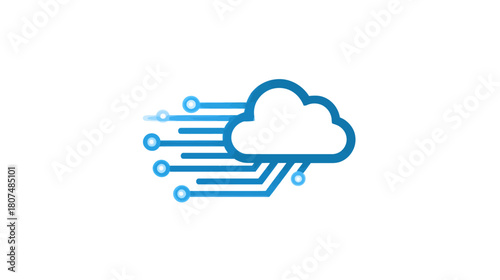 Stylized digital illustration of a cloud with circuits, wires, and data transfer. Blue and white colors on a white background