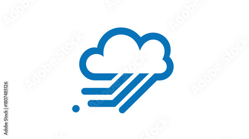 A blue cloud with rounded edges, accompanied by wind lines and a rain graphic on a white background