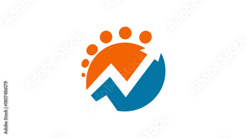 A geometric abstract logo features an orange foot with blue arrow and dot accent on a white background