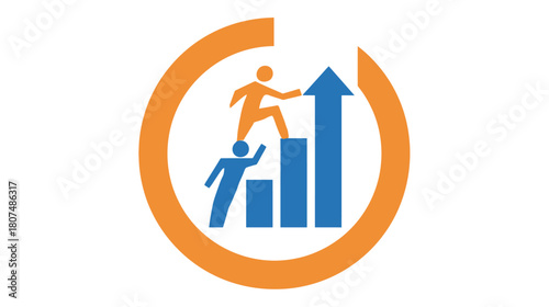 A logo design features a circle with people figures and an upward arrow, representing growth