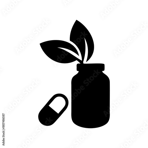 Natural medicine bottle with leaves and capsule symbol Vector, illustration