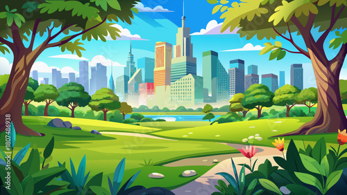 Very beautiful scenic view of Central Park with vibrant green grass and leafy trees framing the distant New York City skyline under a clear, sunny sky, capturing a harmonious blend of nature and urban