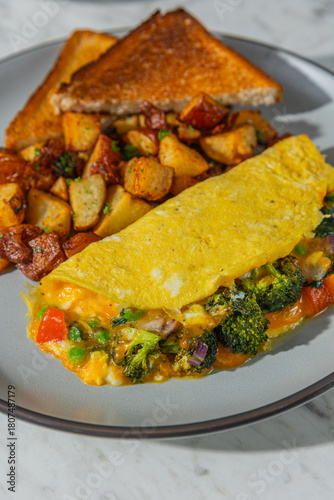 omelette with toast and hashbrowns on plate in hard light