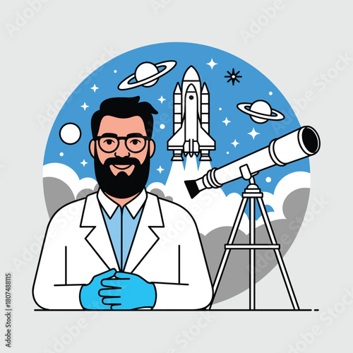 Scientist Astronomer Illustration with Telescope and Space Shuttle