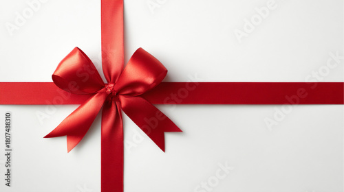 Clean white background with a single red Christmas ribbon and bow arranged on the side, minimal elegant holiday design, lots of negative space.
