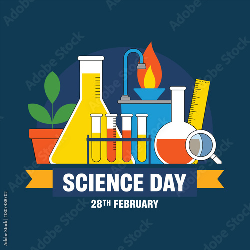 Science Day Illustration with Laboratory Equipment and Chemistry Elements