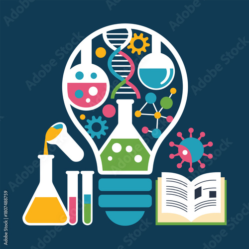 Science Innovation Illustration with Light Bulb Laboratory Elements and DNA