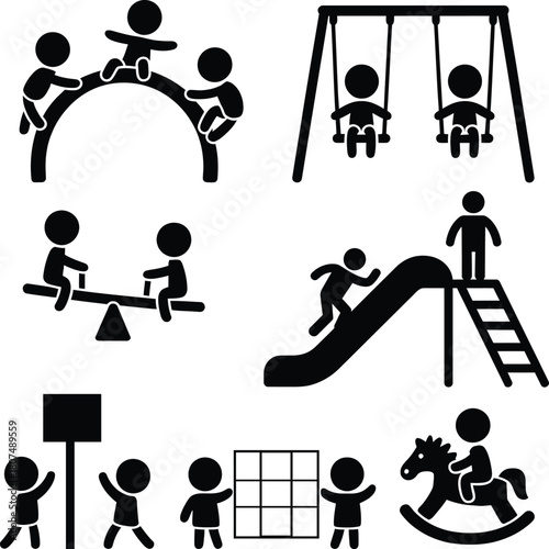 Children playing playground equipment set, fun activities vector