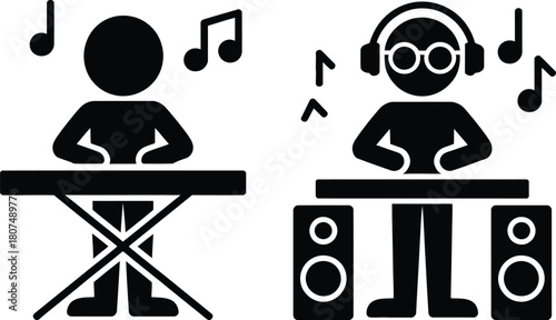 Music artist and dj icons, keyboard and mixer, creative sound