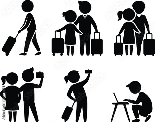 Diverse travel activities depicted by minimalist stick figures.