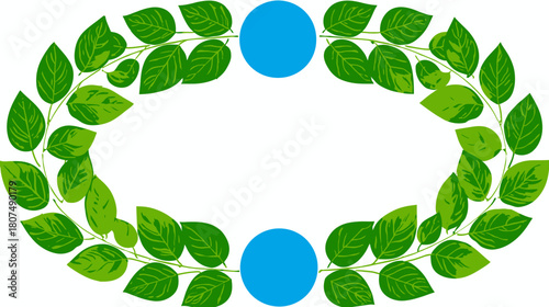 A vibrant, oval-shaped leafy border with light green veins, two blue circles, and white background
