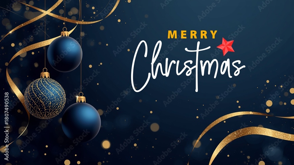 Fototapeta premium Luxury Midnight Blue Christmas Background with Gold Foil Ornaments and Elegant Premium Render