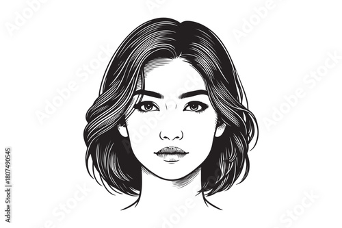 Fashion illustration of a beautiful woman with long flowing hair, stylized face, and elegant glamour