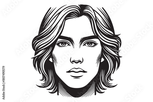 Portrait of a beautiful fashion model men with black hair, lips, and eyes, created in a vector illustration art style design sketch
