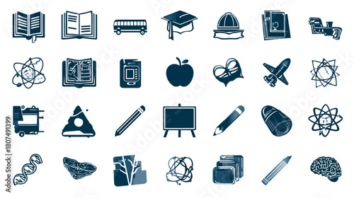 Icons representing education, science, travel, and academia in a monochrome blue hue