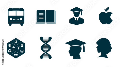 Icons depicting education, science, and learning, in dark blue silhouettes on a white background