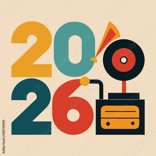 Retro music cassette tape and player icon vector illustration design with new year 2026 typography 