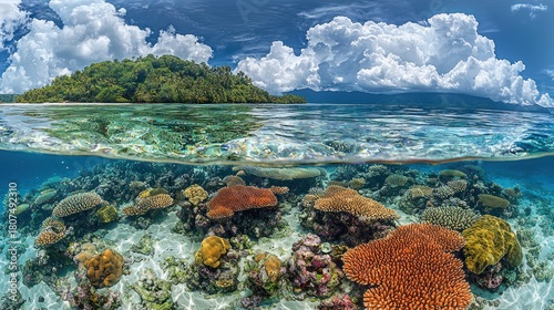 Fototapeta Naklejka Na Ścianę i Meble -  Split level view tropical island above, coral reef below, fluffy clouds, calm seas