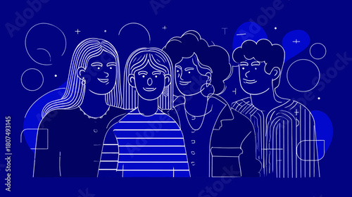 Four sketched friends together in a navy-blue scene with abstract shapes and line details