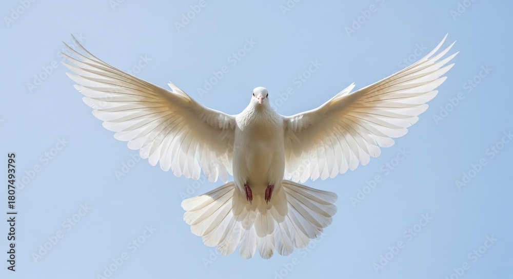 Obraz premium Majestic Front View of White Dove Flying with Spread Wings in Blue Sky