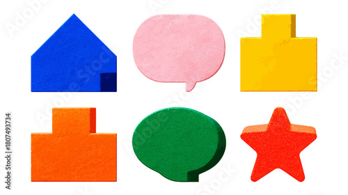 Six textured, colorful shapes on a white background, including a house, star, speech