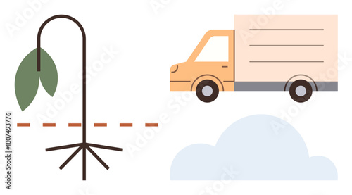 Wilting plant alongside a delivery truck and cloud, representing sustainability, ecosystem damage, nature conservation, climate change, logistics efficiency, environmental awareness