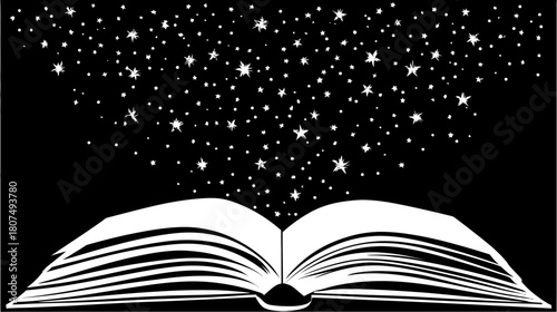White book with stars emerging on a black background, illustration