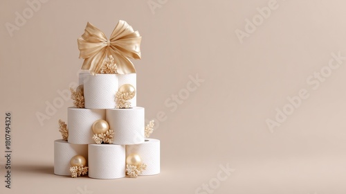 Creative toilet paper Christmas tree design featuring elegant gold accents and ribbon on a soft taupe background