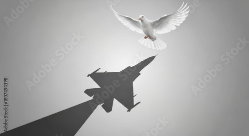 Concept of Peace Versus War White Dove Flying Over Military Jet Shadow