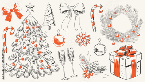 Illustration of christmas tree, gift, wreath, candy canes, bows and champagne glasses on a beige background