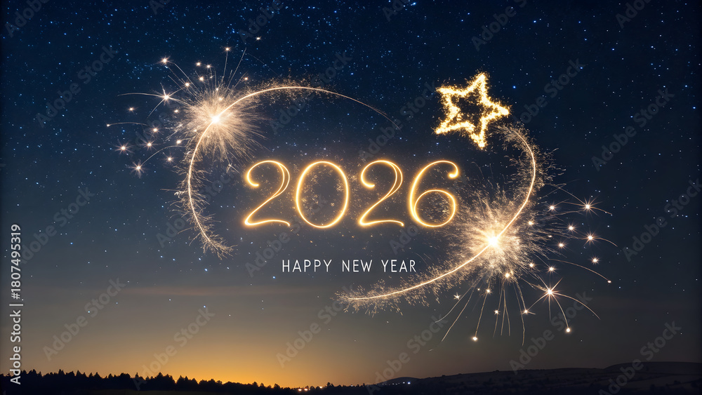 Naklejka premium Happy new year 2026, night sky, fireworks, starry, mountainous terrain, digital art and photorealistic
