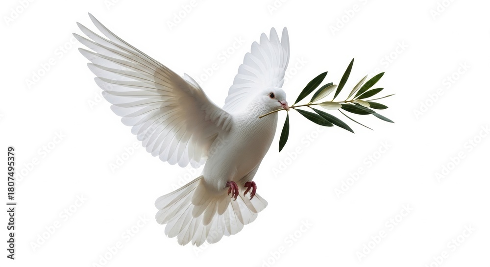 Fototapeta premium Side View of White Dove Carrying Green Olive Leaf Isolated on White