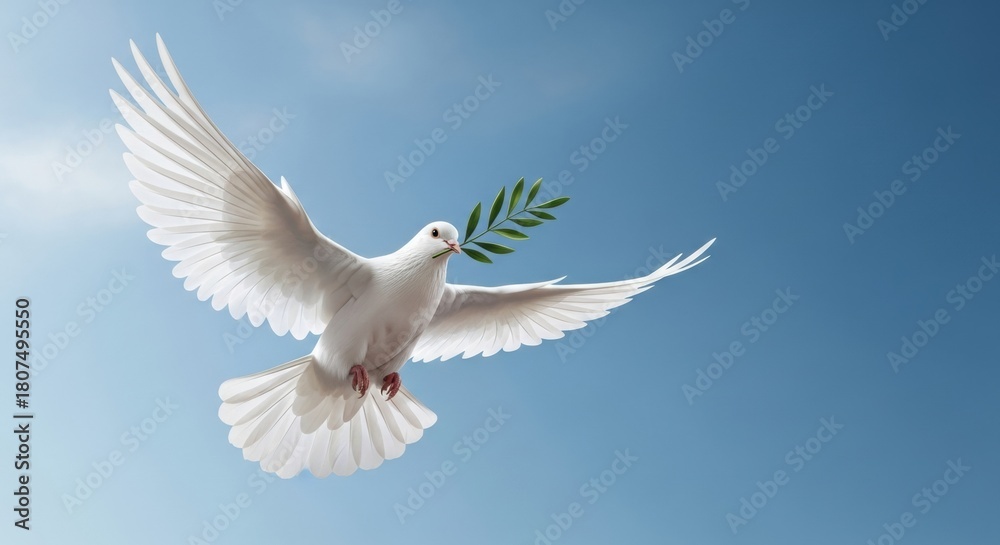 Obraz premium Majestic White Dove with Olive Branch Soaring in Clear Blue Sky