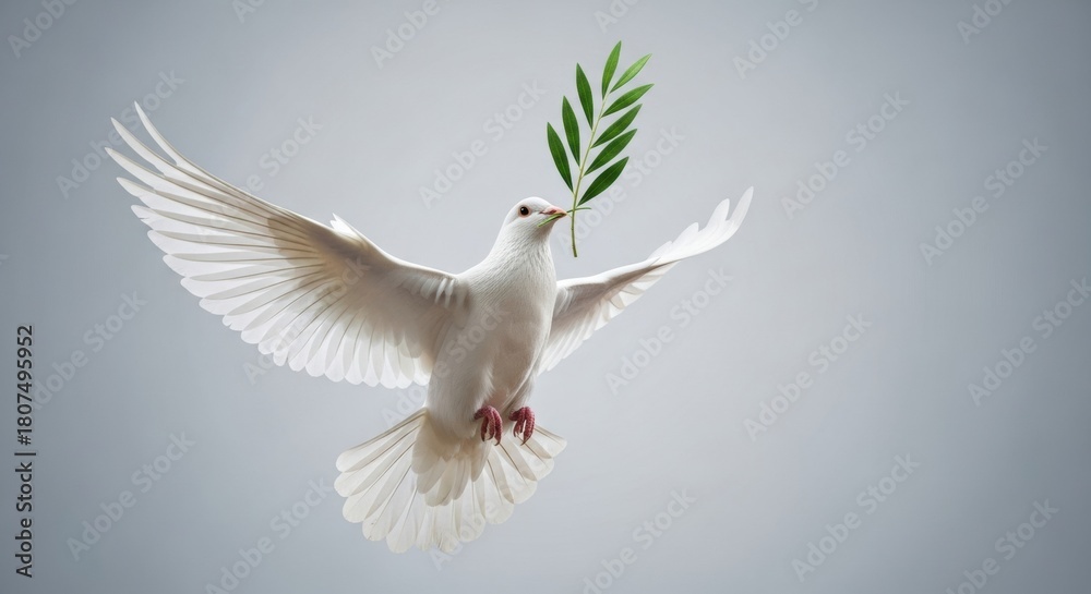 Obraz premium Messenger of Peace White Dove Flying with Olive Branch on Grey