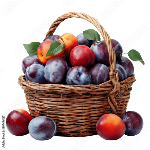 Freshly picked plums and ripe nectarines in a rustic wicker basket, showcasing healthy autumn harvest