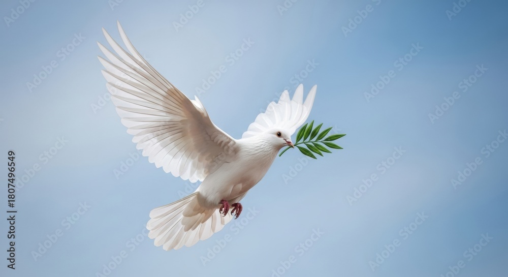 Fototapeta premium Symmetrical White Dove Carrying Olive Branch Flying in Blue Sky
