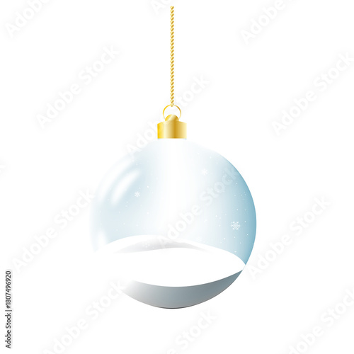 Hanging crystal Christmas ornament with a miniature snowy scene and falling snowflakes, suspended from a gold chain. No background. Ideal for Christmas cards and seasonal design projects.